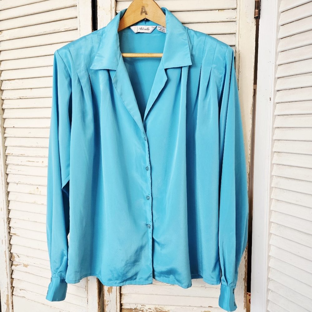 Vintage 80s Antonella Turquoise Blue Pleated Blouse S/M